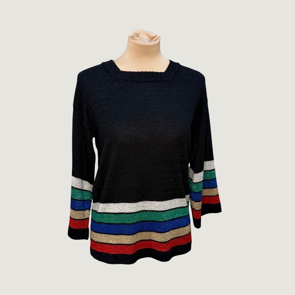 Vintage Joyce Metallic Striped Sweater Black Multi Color Size L Retro Holiday